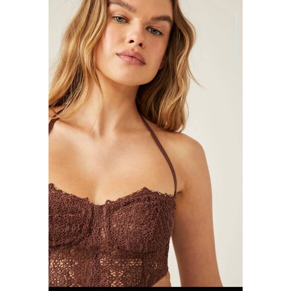 Free People Intimately Brown Lace Crochet Bralette Nylon Sz L - Picture 8 of 8